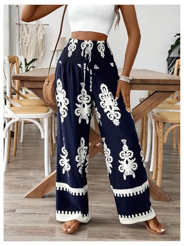 WDIRARA Women's Boho Floral Print Wide Leg Pants Smocked Drawstring High Waisted Trousers3