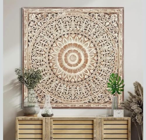Image of ROYAL TRADERS Hand Carved Wooden Mandala Wall Panel | Vintage Floral Wall Art | Decorative Wooden Wall Hanging | Boho Home Decor Panel Large Wall Decor Panel, Wooden Carving Wall Hanging (OFF WHITE)