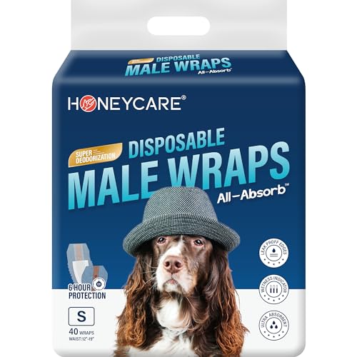 Image of Honeycare Disposable Male Wraps for Senior Dogs, Small Size, 40 Count, Super Absorbent, Breathable, Wetness Indicator, Super Deodorization, Cute Suit Suspenders Design (Pack of 8)