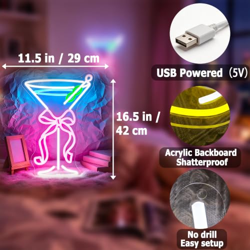 Image of Bow Cocktail Neon Sign for Wall Decor Light Up Sign Led Signs for Room Bar Pub Party Home Wall Decor USB Powered