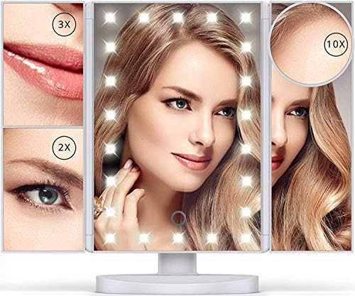 Lighted Makeup Mirror with 22 LEDs - Vanity Mirror with Lights - 10X/3X/2X Magnification and Touch Screen - 180 Degree Rotation - Cosmetic Make Up Trifold Table Light Up Mirrors for Travel (White)
