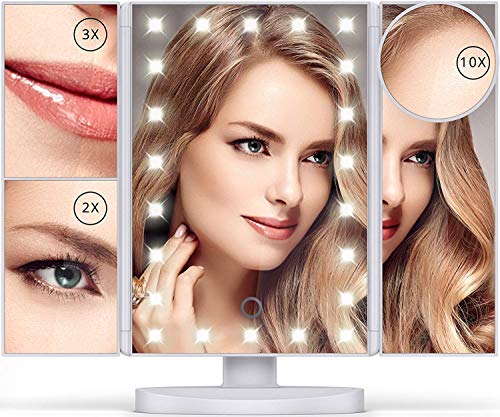 Lighted Makeup Mirror With 22 Leds - Vanity Mirror With Lights - 10X/3X/2X Magnification And Touch Screen - 180 Degree Rotation - Cosmetic Make Up Trifold Table Light Up Mirrors For Travel (White) #TOP14