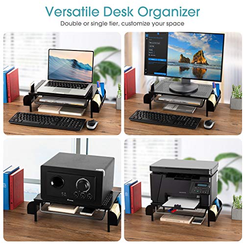 Auledio Metal Desk Monitor Stand Riser, Desktop Organizer Printer Stand Holder with Pull Out Storage Drawer and Side Compartments Pockets for Computer, Laptop, iMac, Pens, Phones, Calculators