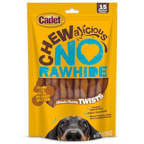 Cadet Chewalicious Classic Chewy Twists with Real Peanut Butter Rawhide-Free Healthy Dog Chews Limited-Ingredient & Long-Lasting Chew Treats for Dogs Peanut Butter Flavor 15 Count