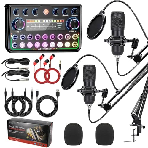 Podcast Equipment Bundle, Streaming Microphone Podcast Starter Kit USB Condenser Soundboard Audio Mixer Kit with Sound Card for Streaming Singing Podcasting Recording, Suitable for PC Laptop Phone
