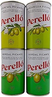 Perello Olives Variety Pack 4 x 350g Gross (150g Net) Spanish Gordal Picante Green Olives, Manzanilla Picante Olives and Cocktail Picante Olives. Securely Boxed
