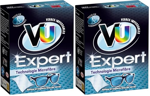 VU Expert – Nettoyant Optique – 20 Lingettes – Lingettes Nettoyantes Lunettes Microfibre – Nettoie et respecte tous les verres (Lot de 2)
