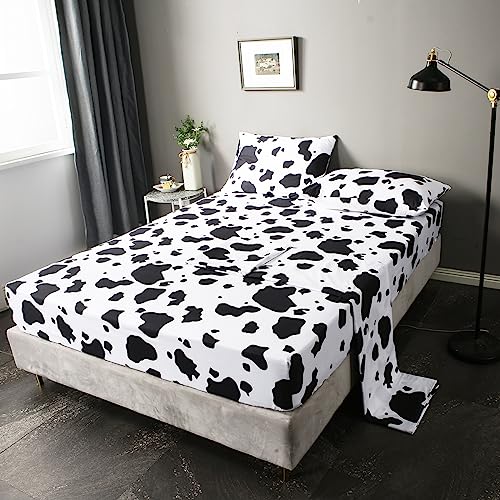 WINLIFE Cartoon Cow Print Sheet Set Black White Western Cow Sheets for Kids/Toddler/Boys/Girls Bed Sheets (1+ Fitted Sheet 1+ Flat Sheet 1+ Pillowcase) Twin