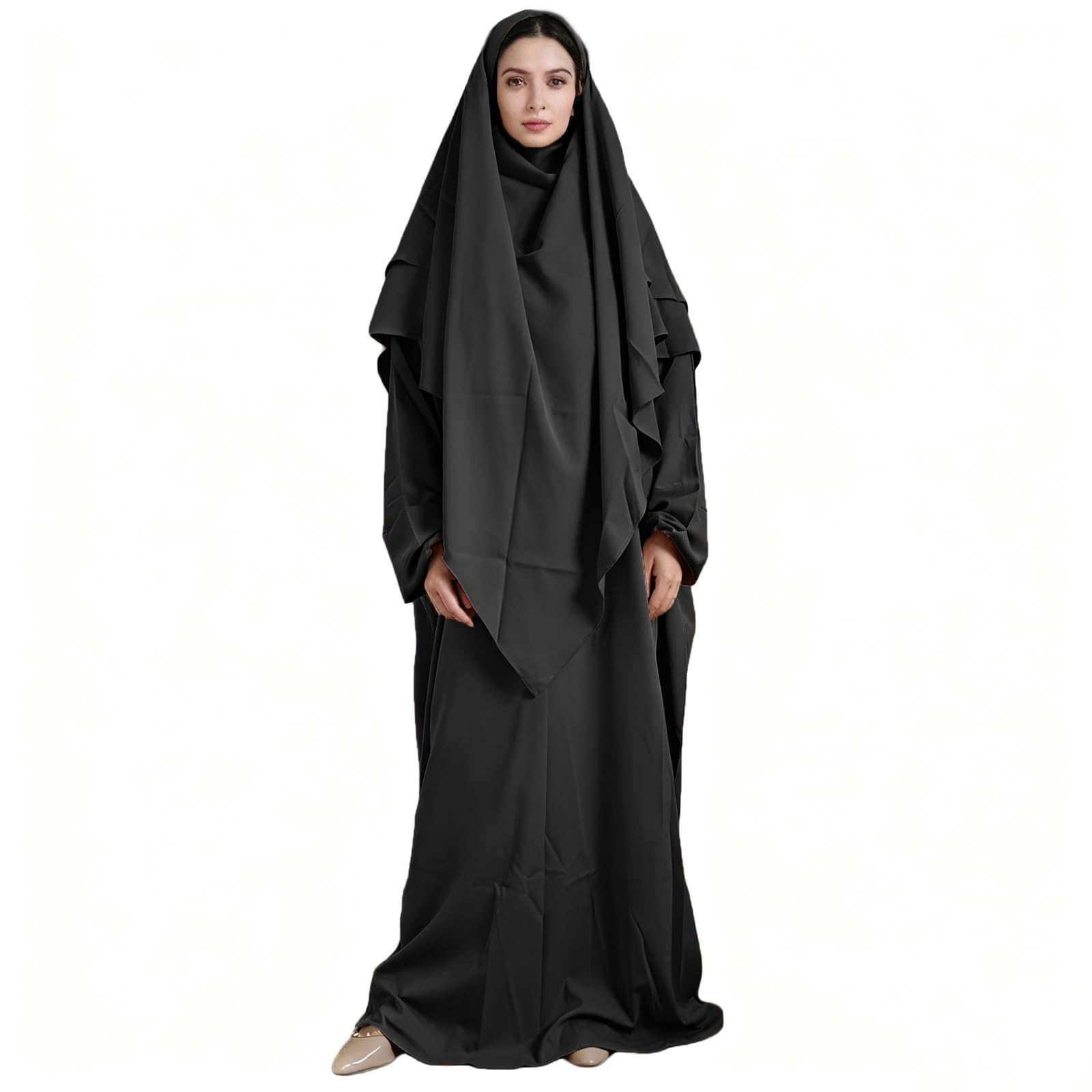 2-Piece Muslim Islamic Prayer Dress for Women, Women's Prayer Abaya Set, 2-Pcs Burka Jilbab Kaftan, Umrah Essentials and Ramadan Prayer Set Black