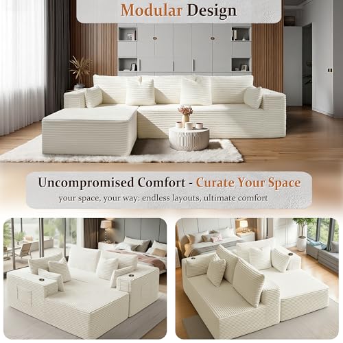 Image of 108 inch Cloud Sectional Couch, Comfort L Shaped Boneless Couch for Living Room, Extra Deep Seats No Assembly, Minimalist Modular Sofa, Corduroy (Cream, 2 Seater+Left Facing Chaise)