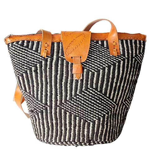 Bolsa de sisal Kiondo africana feita à mão, preto e branco, 25,4 a 33 centímetros