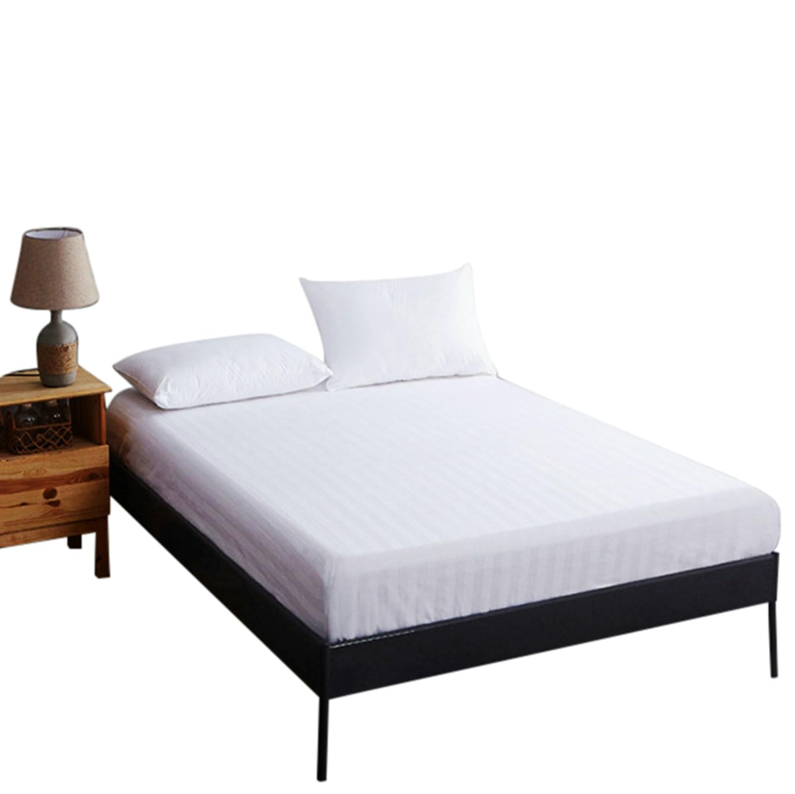 Drap housse extensible en coton blanc à rayures pour lit double
