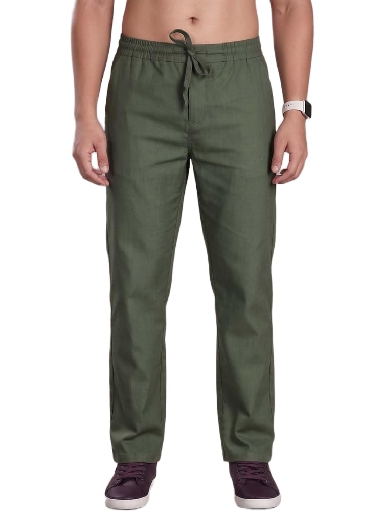 Men's Trouser Olive Straight Fit Linen Mid-Rise Casual Pant with Drawstring Waist-image-2