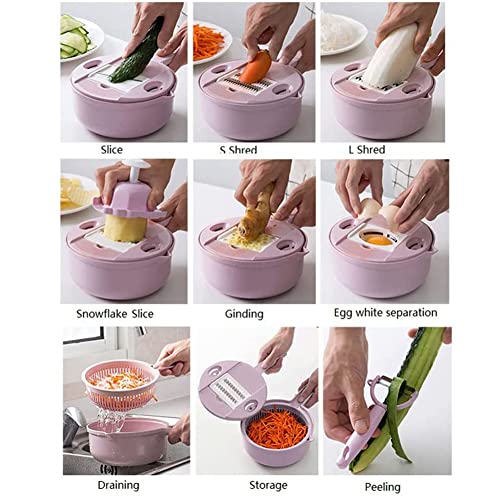Foto von Rheineule 12-IN-1 Multifunktion Werkzeug zum Schneiden von Gemüse, Gemüseschneider, Multifunktionaler Mandolinen Gemüsehobel, Gemüse Obstschneider und Reibe Zerkleinerer mit Abflusskorb (Blau)
