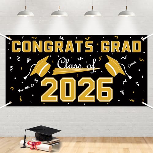 Image of 2026 Graduation Decorations - Black Gold Polyester Graduation Backdrop - Graduation Party Decorations - Congrats Grad Banner - Graduation Decorations Class of 2026 2027,Graduation Party Favors Supplies Yard Sign
