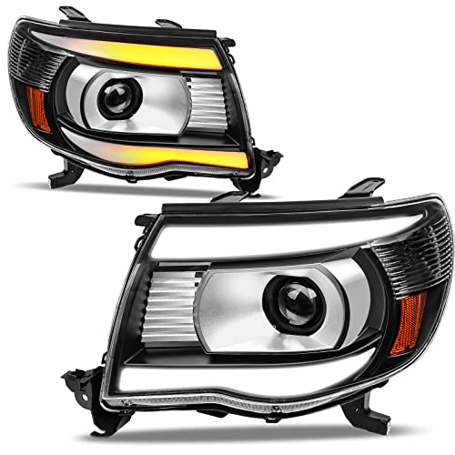 AUTOSAVER88 Headlights Assembly Compatible with 2005 2006 2007 2008 2009 2010 2011 Tacoma Projector Headlamp with Yellow Sequential Turn Signal Light Black Housing Clear Lens (LED DRL)