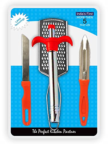 PROTOS INDIA.NET ™ 4 in 1 Kitchen Tool Set Lighter Grater Knife Peeler Set Combo 4 in 1 Kitchen Tool Set Lighter Grater Knife Peeler Set Combo Silver, Red Kitchen Tool Set (Silver, Red)