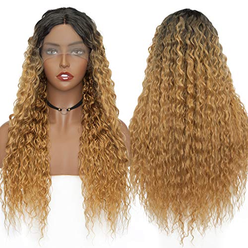 S-noilite Long Ombre Kinky Curly Synthetic Lace Front Wigs Black To Dark Blonde Heat Resistant Wavy Hair Middle Part U Lace Hairline Full Wig For Women