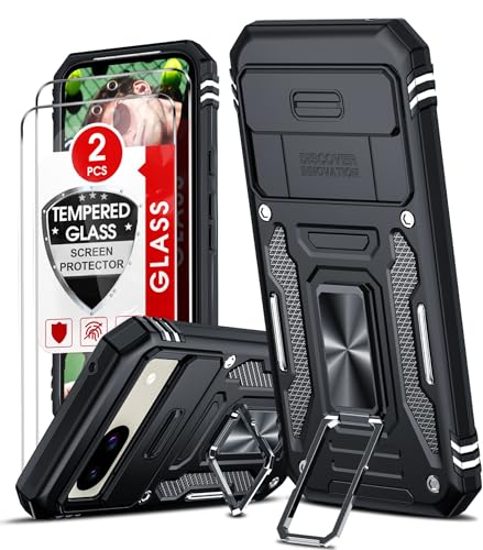 LeYi for Google Pixel 8a Case: Pixel 8A Phone Case with Camera Lens Cover Slider 2 Pack Screen Protectors Ring Stand Holder Military Grade Protective Shockproof Armour Cover Black