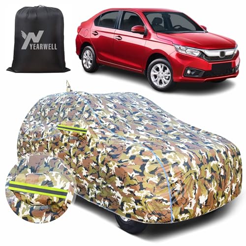 Image of Car Body Cover for Honda Amaze, 100% Waterproof with Mirror & Antenna Pockets, Military Print Design, UV & Dust Protection, Triple Stitched, Sky Piping & Reflector (Jungle Print)