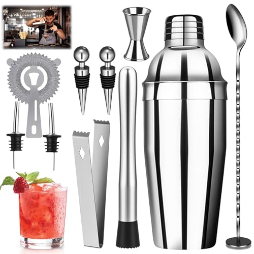 Cocktail Shaker Set, 10-teiliges Edelstahl Cocktail Set, 750 ML Barkeeper Set mit Zubehör, Cocktailshaker für Bar, Startseite, Partei, Geschenk für Männer