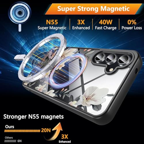 Image of VONZEE Compatible with Samsung Galaxy S25 FE 5G Case Luxury Retro Flowers Floral Clear for Magnetic Wireless Charging Case Shockproof PC+TPU Cute Glossy Shiny Cover for Girls Women, Black