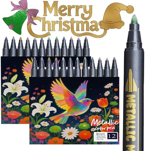 Metallic Markers,12 ColorsX2PACK metallic acrylic paint markers for Black Paper, Metallic Glitter Pens for Fabric, Rock, Glass, DIY - Stocking Stuffers, Christmas Gift Idea for Teens