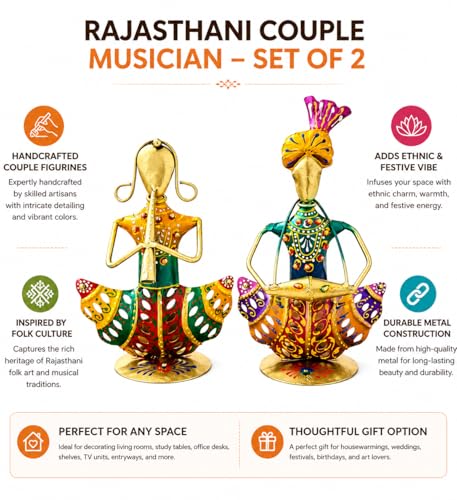 Image of Rajasthani Couple Musician Figurines Set of 2 Handcrafted Traditional Indian Art Showpiece | Decorative Table Decor for Home, Living Room, Office & Shelf Styling