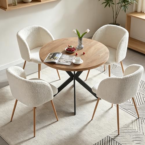 NORDICANA Esstisch mit 4 Stühlen Set, 95cm Runder Esstisch und 4 Kunstfell Loungesessel, Esszimmergruppe mit 4 Essstühlen, für Küche, Büro, Wohnzimmer, Balkon, Restaurant(Tisch+4 Beige Stühle)