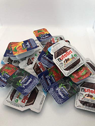 lot duo petit déjeuner contenant 25 barquettes de confiture 25 grammes - 5 parfums et 25 barquettes de nutella