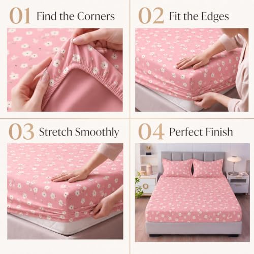 Image of VAS COLLECTIONS 240 TC Premium Double Bed Fitted Bedsheet, Soft Comfortable Stretchable Mattress Sheet with Elastic Fitted Corners, Durable Easy Care, 72 x 72 + 10 Inches (183x183+25 cm) - Rose Pink