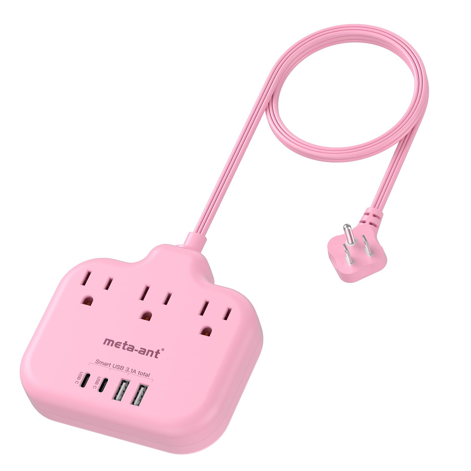 Meta-ant - Cable de extensión rosa de 5 pies, cable de extensión plano con 3 tomacorrientes, 4 USB (2 USB-C) 3.1A, tira de alimentación, cable largo rosa 1625W, compacto para lindo computadora Kawaii