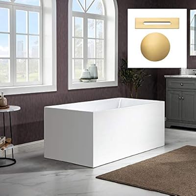 WOODBRIDGE 67" Acrylic Freestanding Bathtub Contemporary Soaking White Tub with Brushed Gold Overflow and Drain?B0086-BG-Drain&O