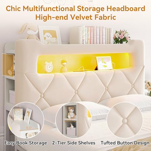 Image of Queen Upholstered LED Bed Frame with 2 Storage Drawers and 2-Tier Storage Headboard,Velvet Princess Platform Bed with Charging Station&Bookcase,Heavy Duty Metal Support,No Box Spring Needed,Beige