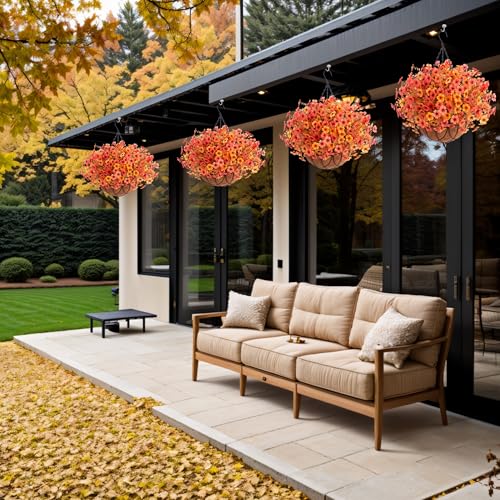 Fall Artificial Fake Hanging Flowers Plants with Basket Outdoor Decor, Faux Silk Colorful Daisy in Metal Coconut Lining pot Plastic Shrubs Decor Farmhouse Home Garden Thanksgiving(Orange Yellow) - Thumbnail 4