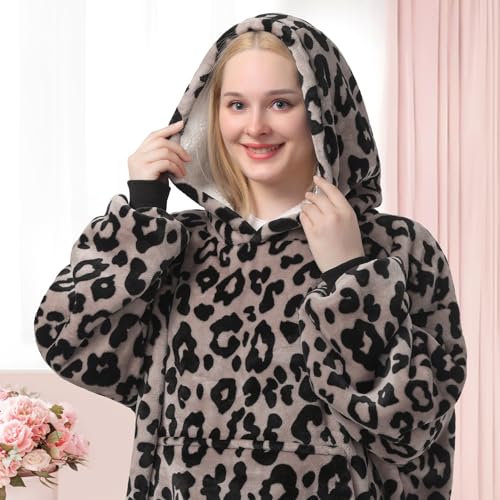 Image of Waitu Wearable Blanket Sweatshirt Gifts for Women and Men, Sherpa Wearable Blanket Hoodie, Oversized Thick Sherpa Hoodie Blanket, Body Blanket Robe - Leopard