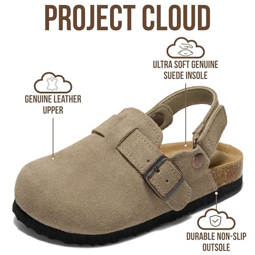 Image of Project Cloud Kids Clogs 100% Genuine Leather with Natural Cork Footbed & Memory Foam Insole Arch Support - Non-Slip Clogs for Kids - Slippers Sandals for Boys & Girls Footwear