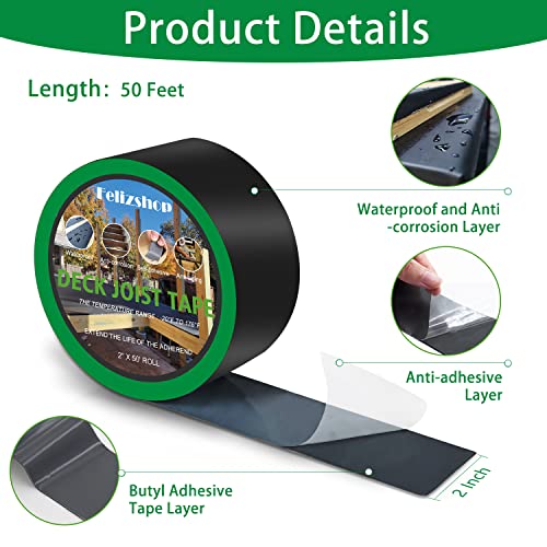 Image of Deck Joist Tape 2'' x 50' Flashing for Decking and Beams - Butyl Tape for Building Joists (6 Rolls)