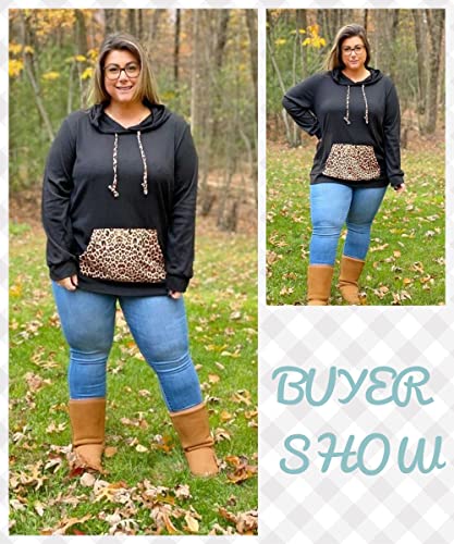 Carcos Plus Size Cute Black Drawstring Blouse Women Drawstring Long Sleeve Black Leopard Hoodies With Pocket Tunic Tops Animal Print 3Xl 22W 24W #TOP1