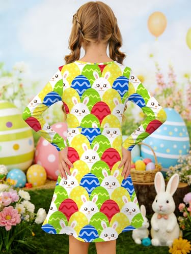 Image of Ithalt Girls Easter Dress Bunny Print Shirts Easter Long Sleeve Dresses Litter Girls Christian Easter Gifts 5-12y