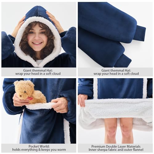JOYWOO Navy Oversized Wearable Blanket Hoodie,Cat Lovers Long Hoodie Blanket for Adult,Birthday Gifts for Women Men Mom,Cozy Fuzzy Sherpa Fleece Sweatshirt Hooded Blanket Giant Pocket Gifts,Oversize
