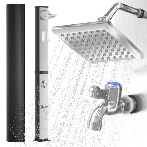 AufuN Ducha solar de jardín de 40 l con cromo y acero inoxidable, agua caliente hasta 60 °C sin electricidad, cabezal de ducha de 15 cm, conector de manguera de jardín, cubierta protectora y kit de