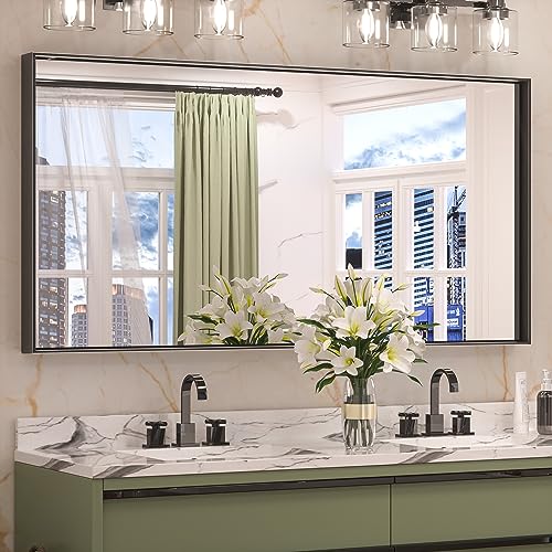 Image of Keonjinn 48x24 Inch Black Bathroom Mirror for Over Sink, Square Corner