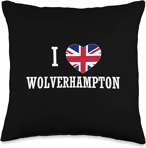 English Towns Cities Counties Home Town Nostalgia I Love Wolverhampton England Union Jack Flag Heart - Almohada inglesa, 16 x 16 pulgadas, multicolor