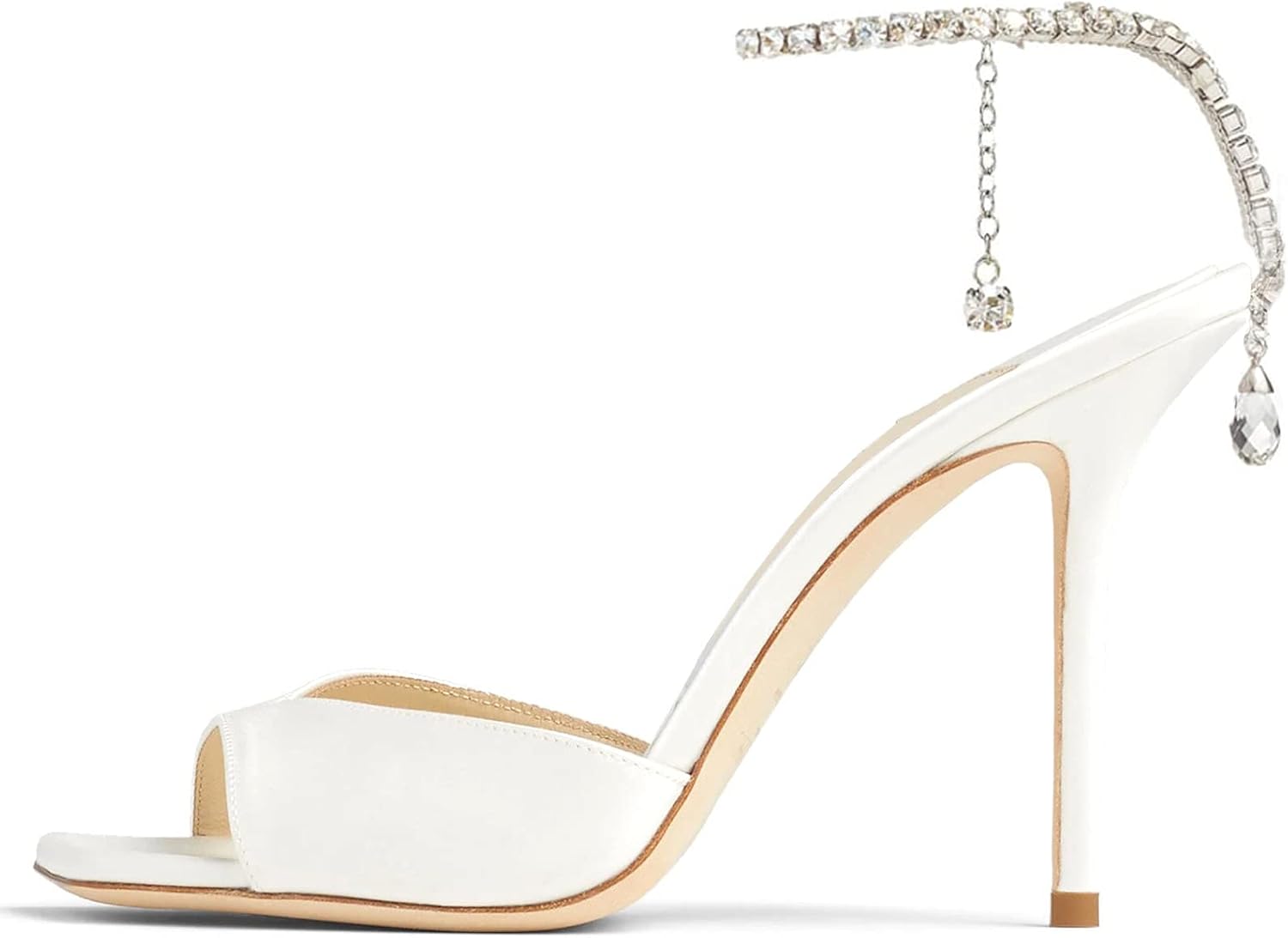 BlingQueen Women's Heeled Sandals Crystal Chain Ankle Strap Rhinestone Buckle Square Open Toe Stiletto High Heels Wedding Party Satin Dress Shoes