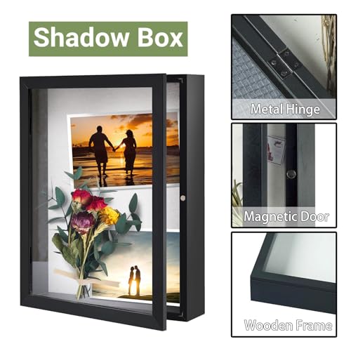 Image of Muzilife 11x14 Shadow Box Picture Frame - Deep Wood & Glass Display Case Ready to Hang Memory Box Baby Sports Memorabilia, Pins, Awards, Tickets, and Photos (Black)