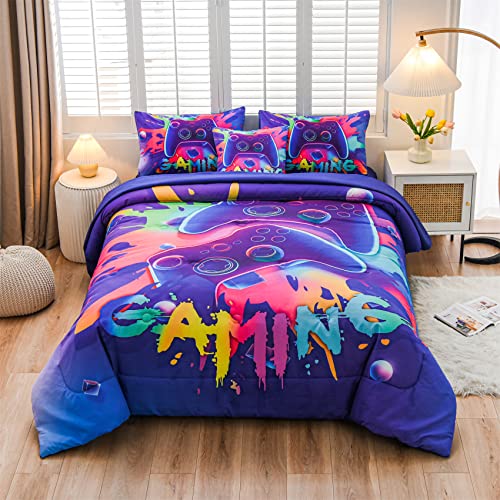 Aimuan Gaming Comforter Sets for Boys Kids Bedding Sets Video Games Console Action Buttons Novelty Colorful Game Gamepad Controller Modern Gamer Room Decor Home Quilt Set (Queen 6 Pcs,Purple)