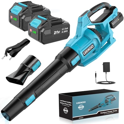 Souffleur Batterie, 21V Souffleur de Feuilles avec 2 Batteries 4,0Ah, 3 Vitesses, 2 Tubes de Soufflage, Sangle Souffleur à Batterie pour Nettoyage de Jardin
