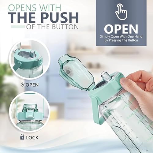 Image of 2 Litre Water Bottle with Motivational Time Marker, Straw & Handle -Leakproof, Durable, Non-Toxic, BPA-Free for Office, School, Gym, Yoga, Outdoor, Sports (GREEN)