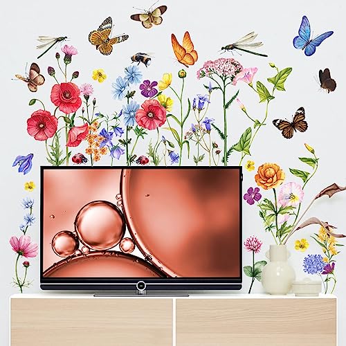Timelesslong Large Flowers Wall Stickers for Living Room Bedroom Vinyl Dragonflies Wall Decals Removable Wildflower Wall Murals Peel and Stick Floral Wall Decor Art Wallpaper for Adult Room Office